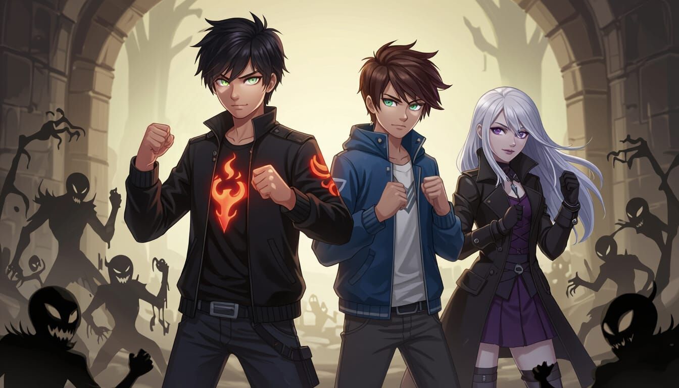 Heroes Versus Shadow Creatures in Digital Art Style