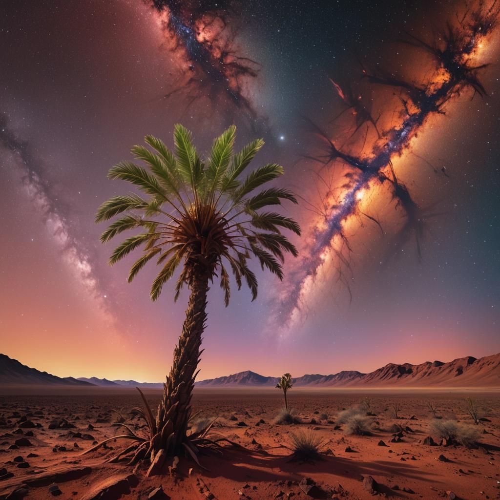 Palm Tree on Mars in Cosmic Surrealism Style