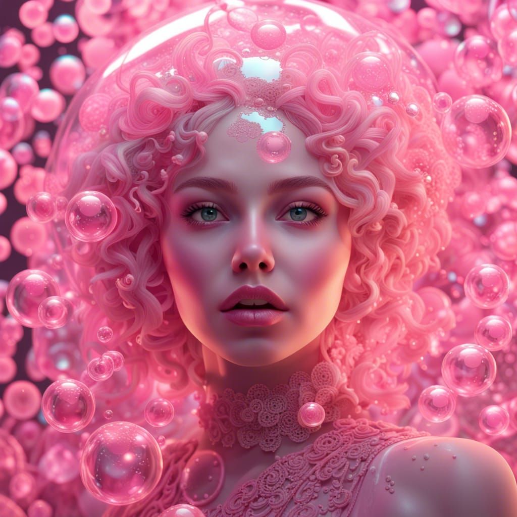 Dreamcore Maiden in Pink Bubbles, 3D Render