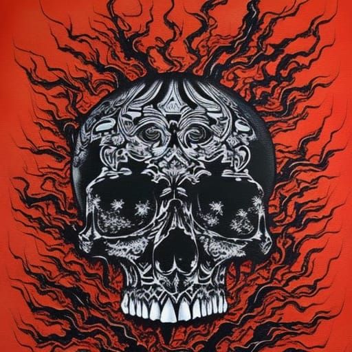 Flaming Skull Ink Drip Painting in Macabre Style