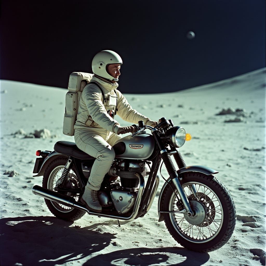 Astronaut in Lunar Landscape on Vintage Motorbike