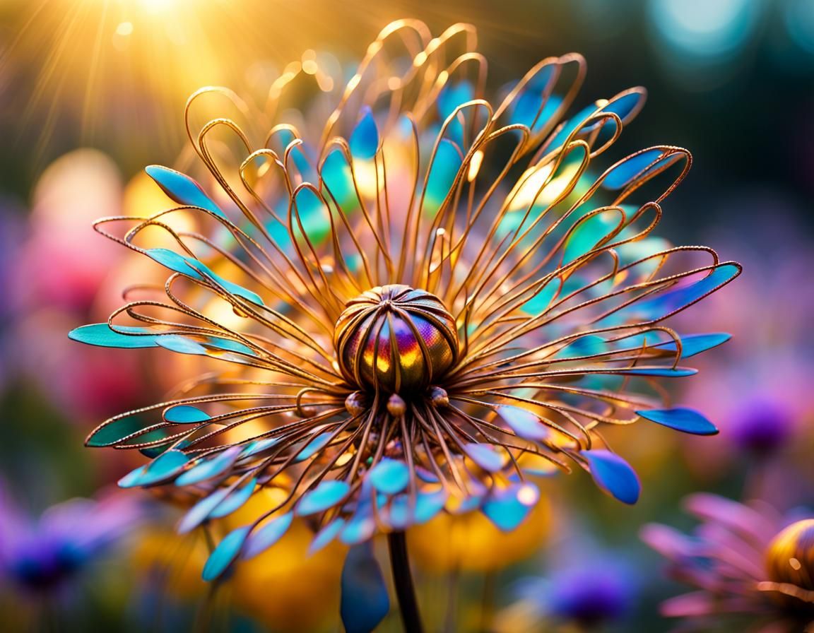 Iridescent Metal Flowers in Golden Hour Light
