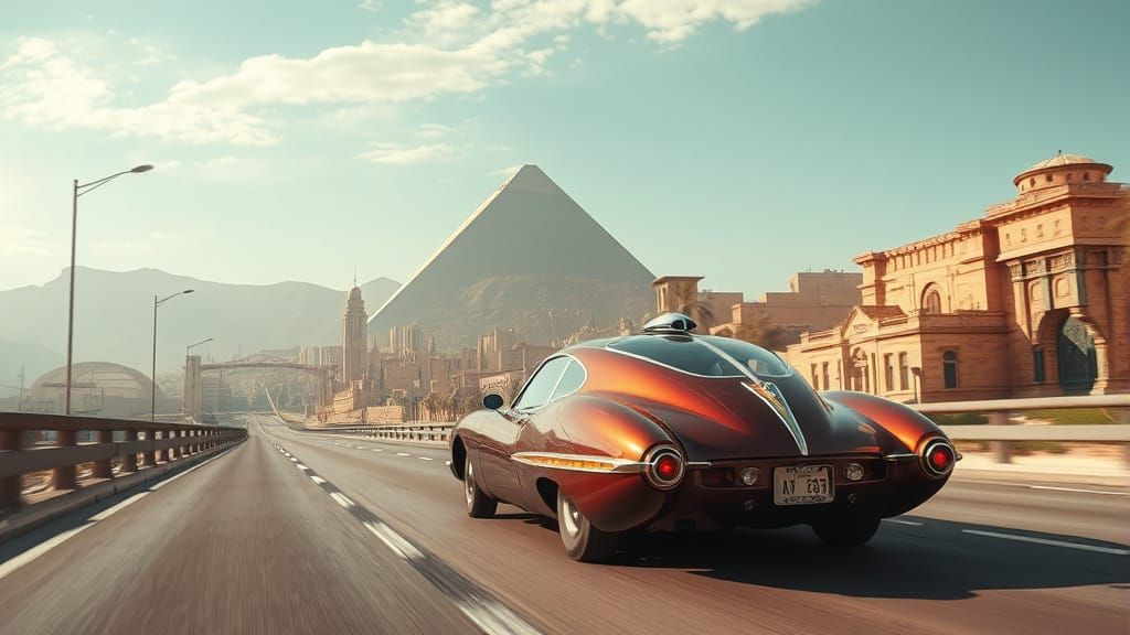 Egyptian Retro-Futuristic Automobile on Highway