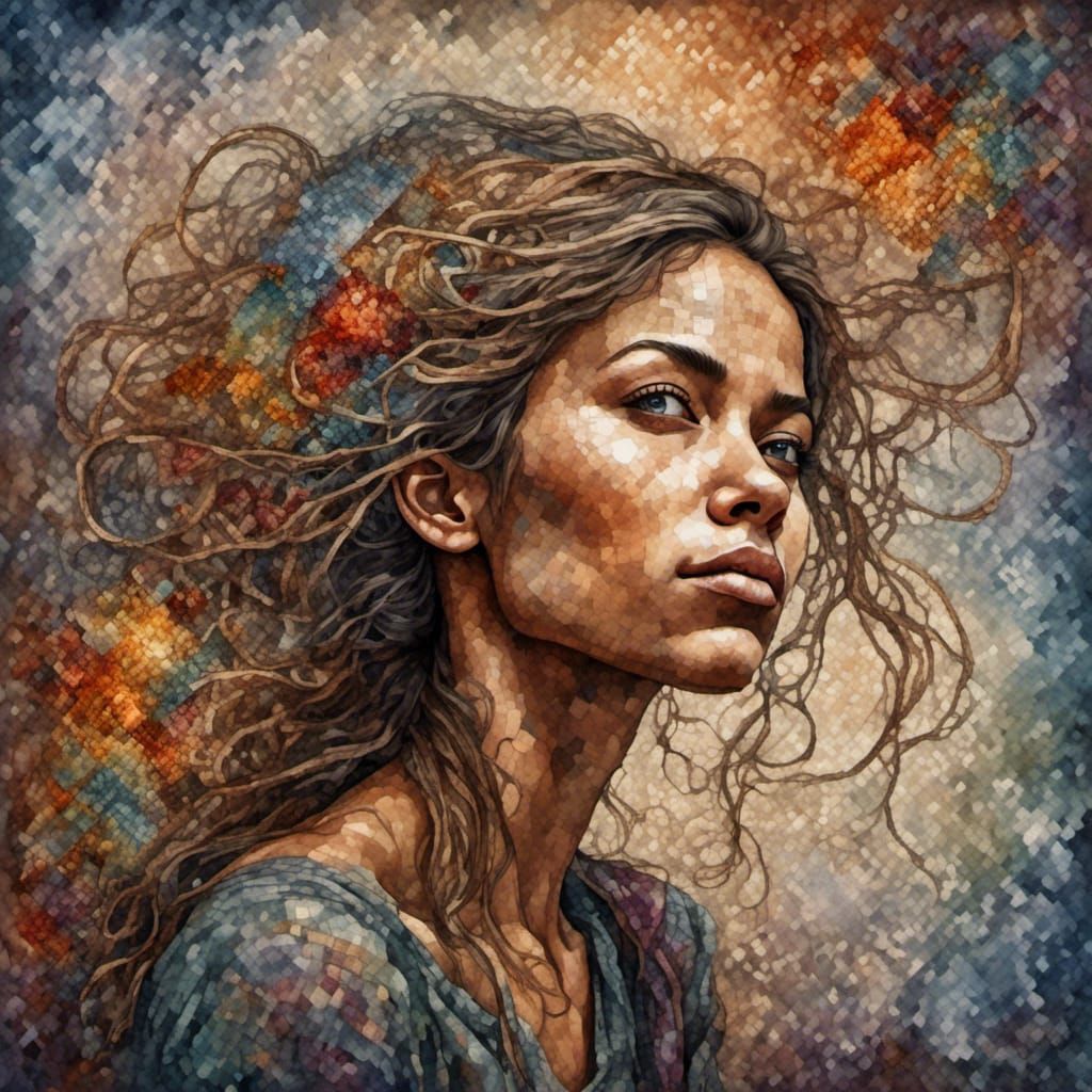 a female carrying the earth on her back, straining with effo...