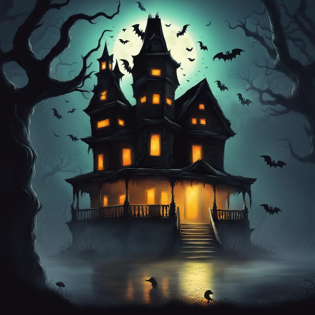 Halloween Haunted House with Glowing Monsters in Sinister St...