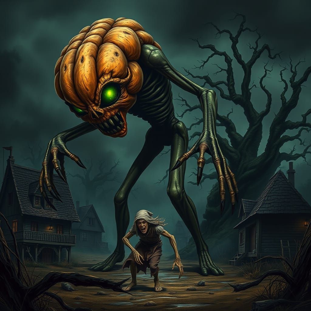 Eerie Pumpkin-Headed Figure in Gothic Horror Style