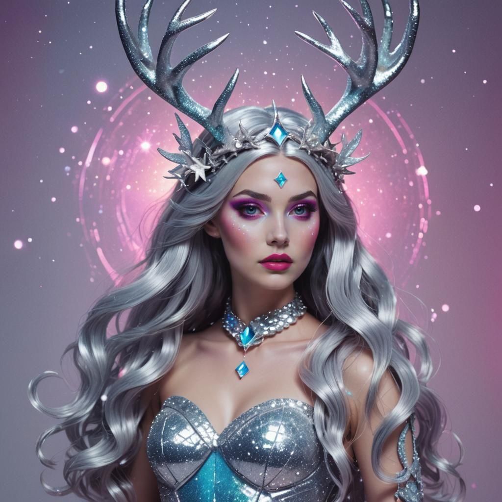Synthwave Space Mermaid Snow White with Antlers