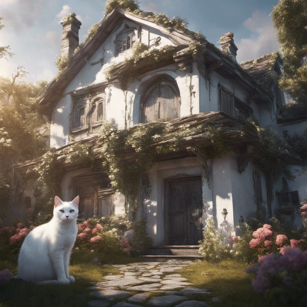 White Cat in Yard: Fantasy Concept Art