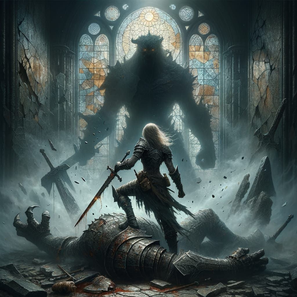 Victorious Warrior Overcomes Fallen Beast in Ruined Gothic L...