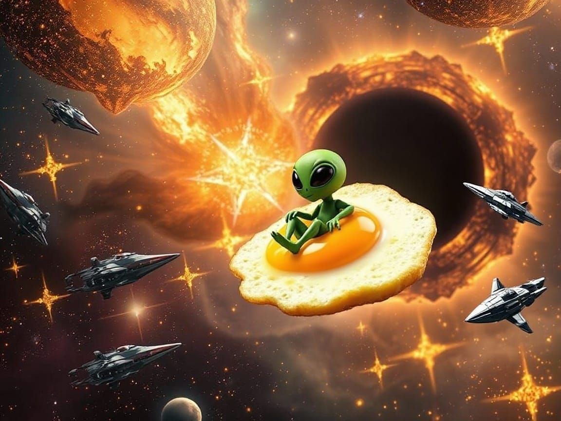 Green Alien Flies Fried Egg Through Starry Nebula
