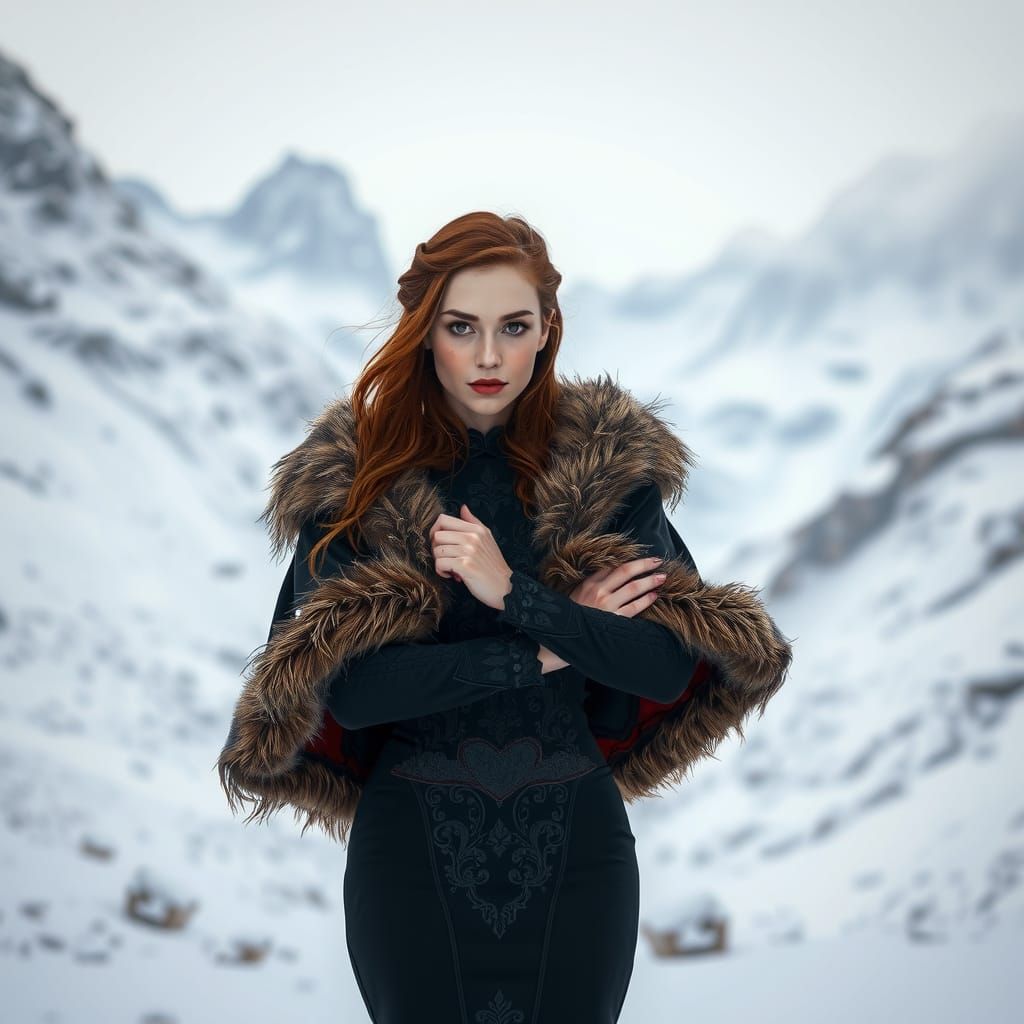 Woman in Snowy Mountains in Photorealistic Style