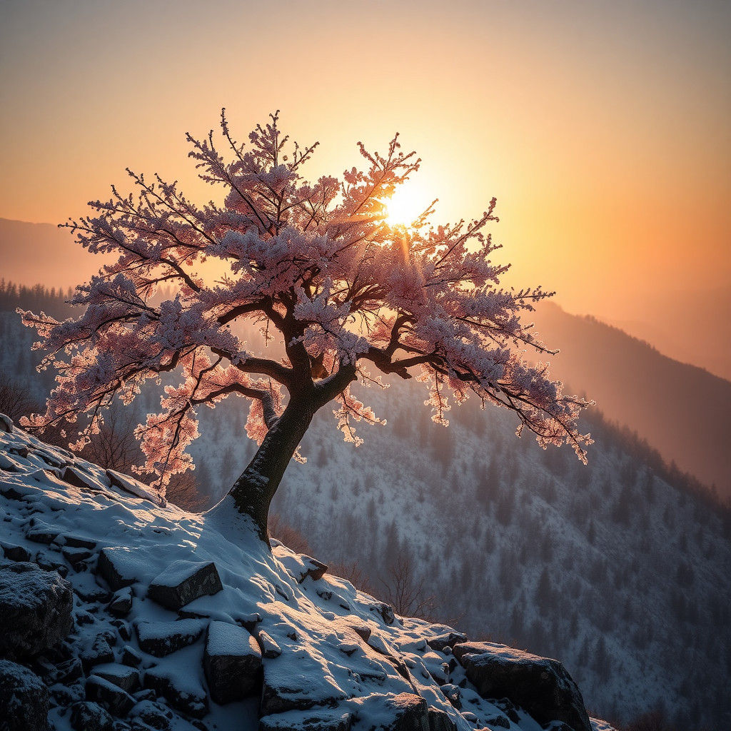 Sakura Tree on Snowy Slope at Sunrise