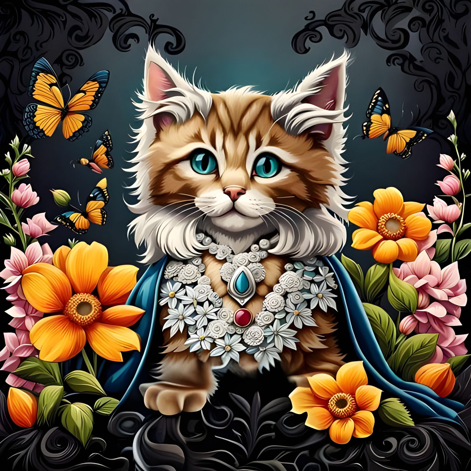Gothic Lace Kitten Surrounded by Silver Flowers