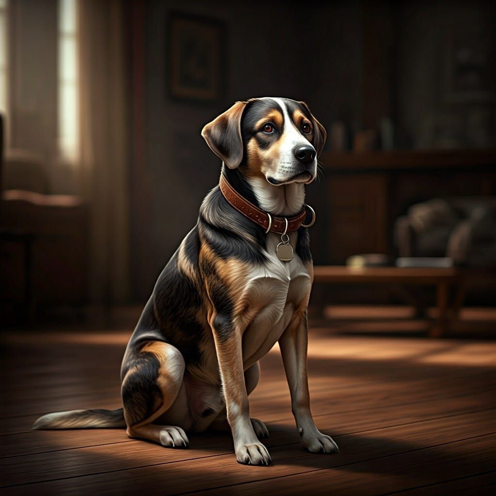 Photorealistic Dog Portrait in Warm Sunlight