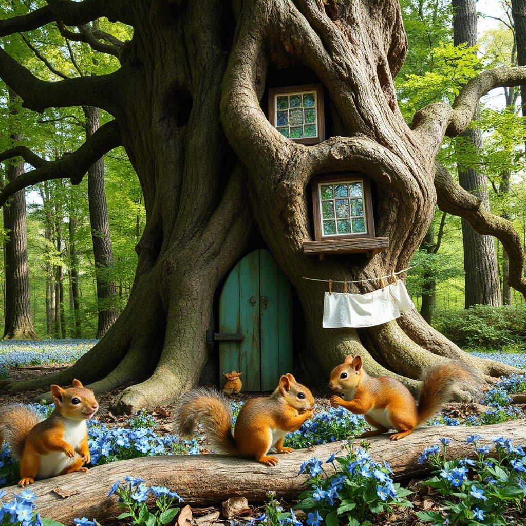 Whimsical Squirrels in a Vibrant Summer Oak Tree