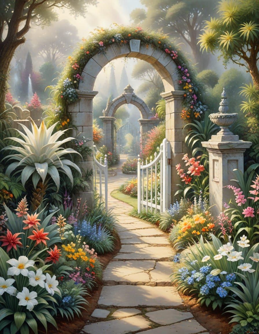 Arched Garden Gate Opening to Colorful Oasis