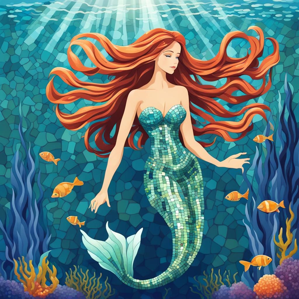 Underwater Mosaic Scene of a Beautiful Mermaid