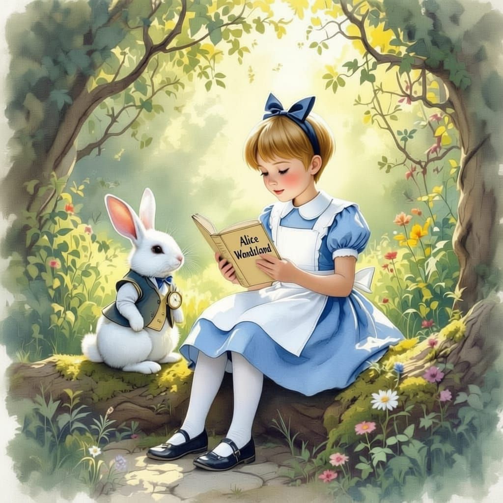 Boy as Alice Reading Wonderland with Rabbit