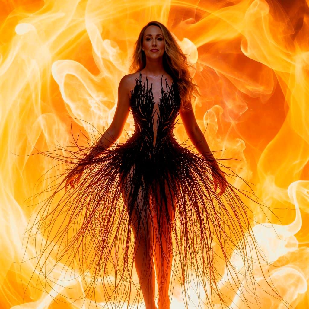 Ethereal Goddess in Ash Woven Gown Amidst Fiery Maelstrom