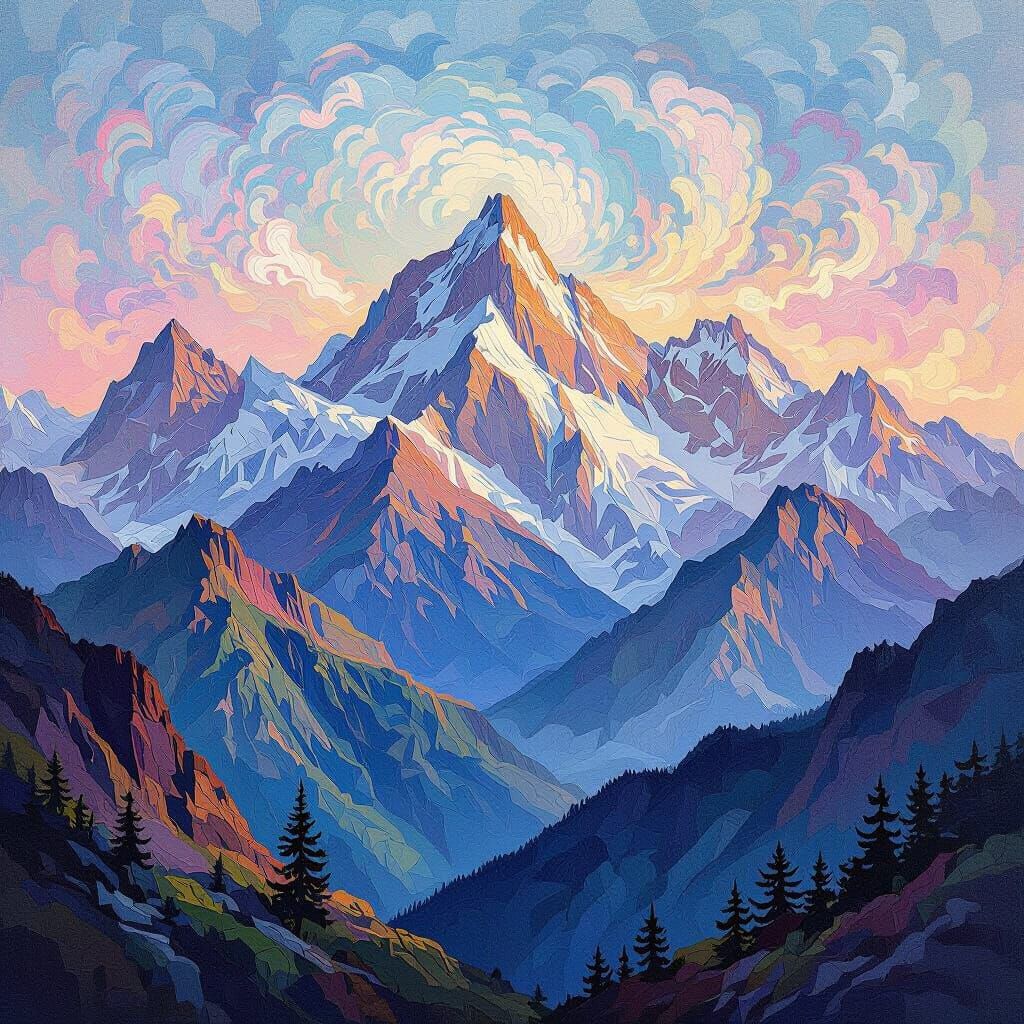 Majestic Mountain Range in Neo-Impressionist Style