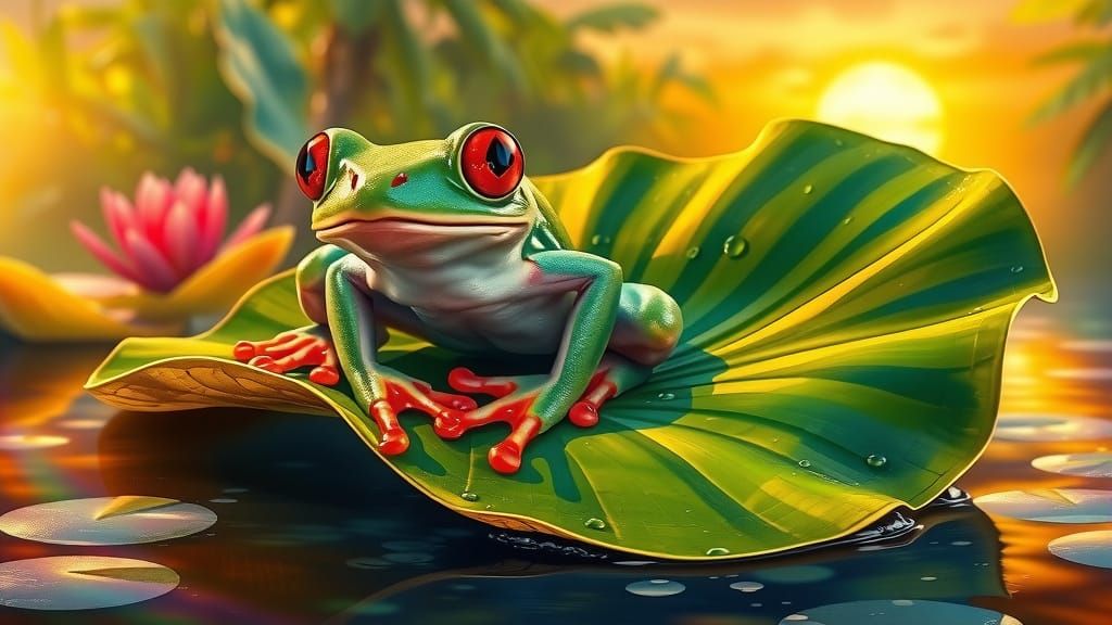 Red-Eyed Tree Frog on Giant Water Lily Leaf