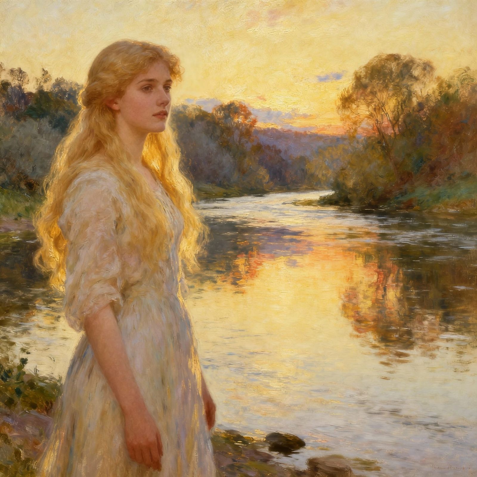 Romantic Oil Painting of Woman by Serene River