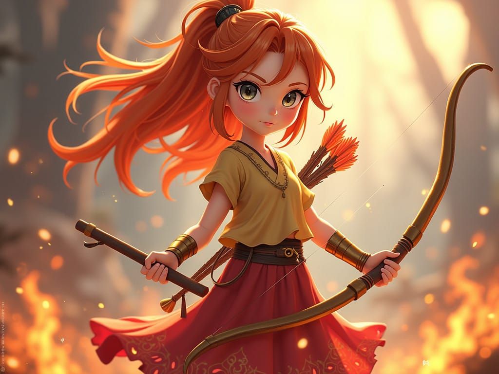Majestic Anime Warrior Girl with Fiery Hair and Gear