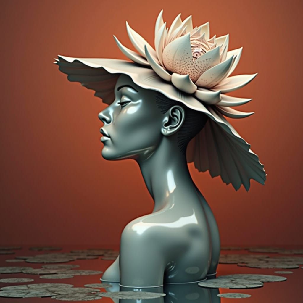 Chrome Lotus Sculpture with Hidden Optical Illusion