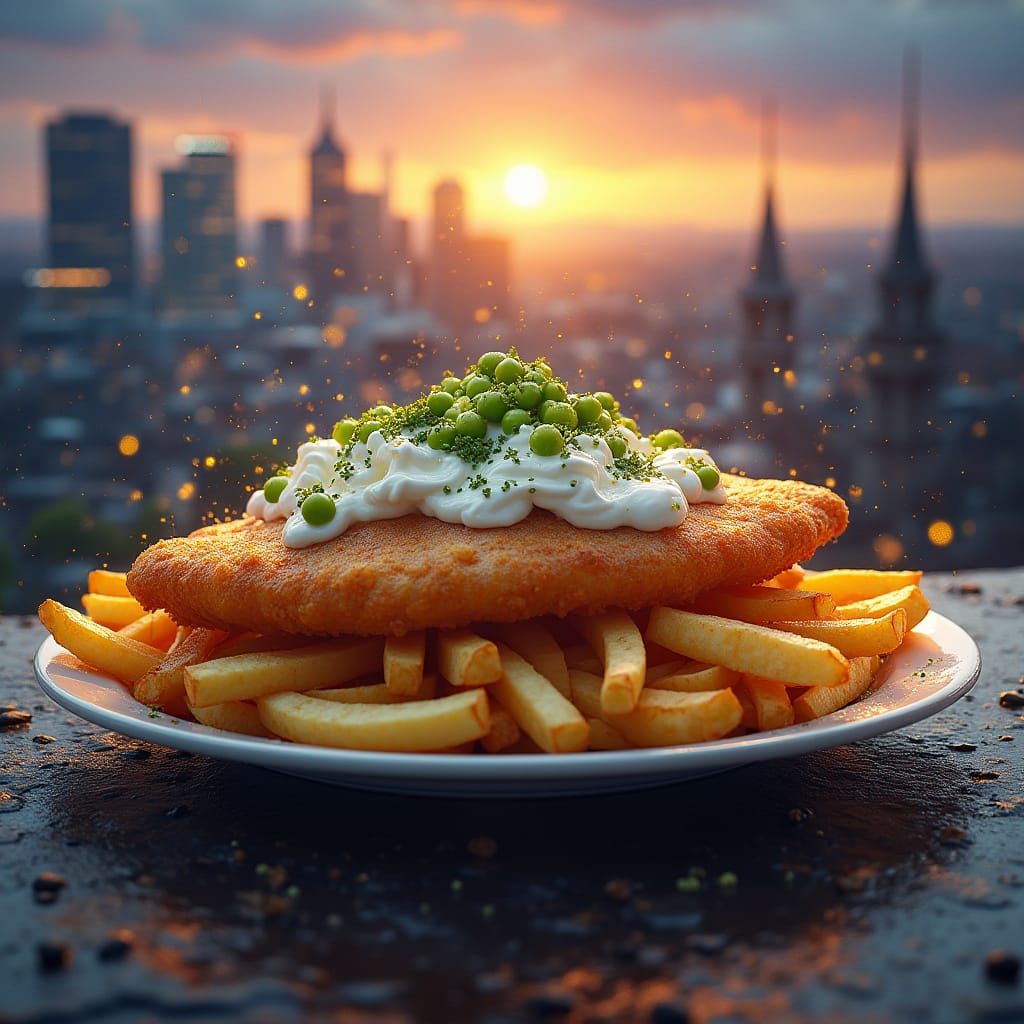 Golden Fish and Chips in Sheffield's Dreamlike Cityscape