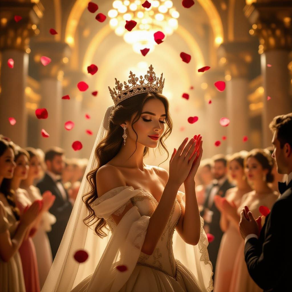 Romantic Queen's Coronation in Golden Hall with Falling Peta...