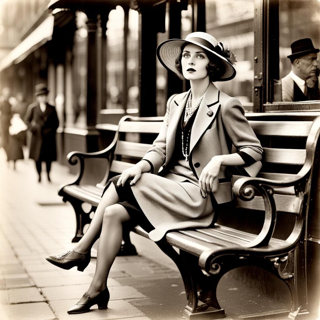 1920s Woman Posing on Street Bench: Vintage Photo