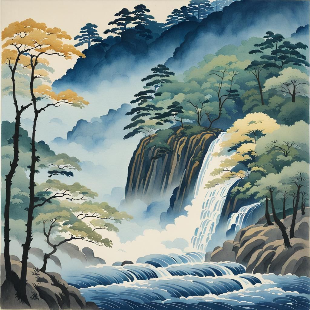 Ukiyo-e Waterfall in Japanese Woodblock Style