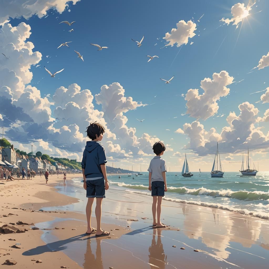 Boy Watching Regatta in Anime Style