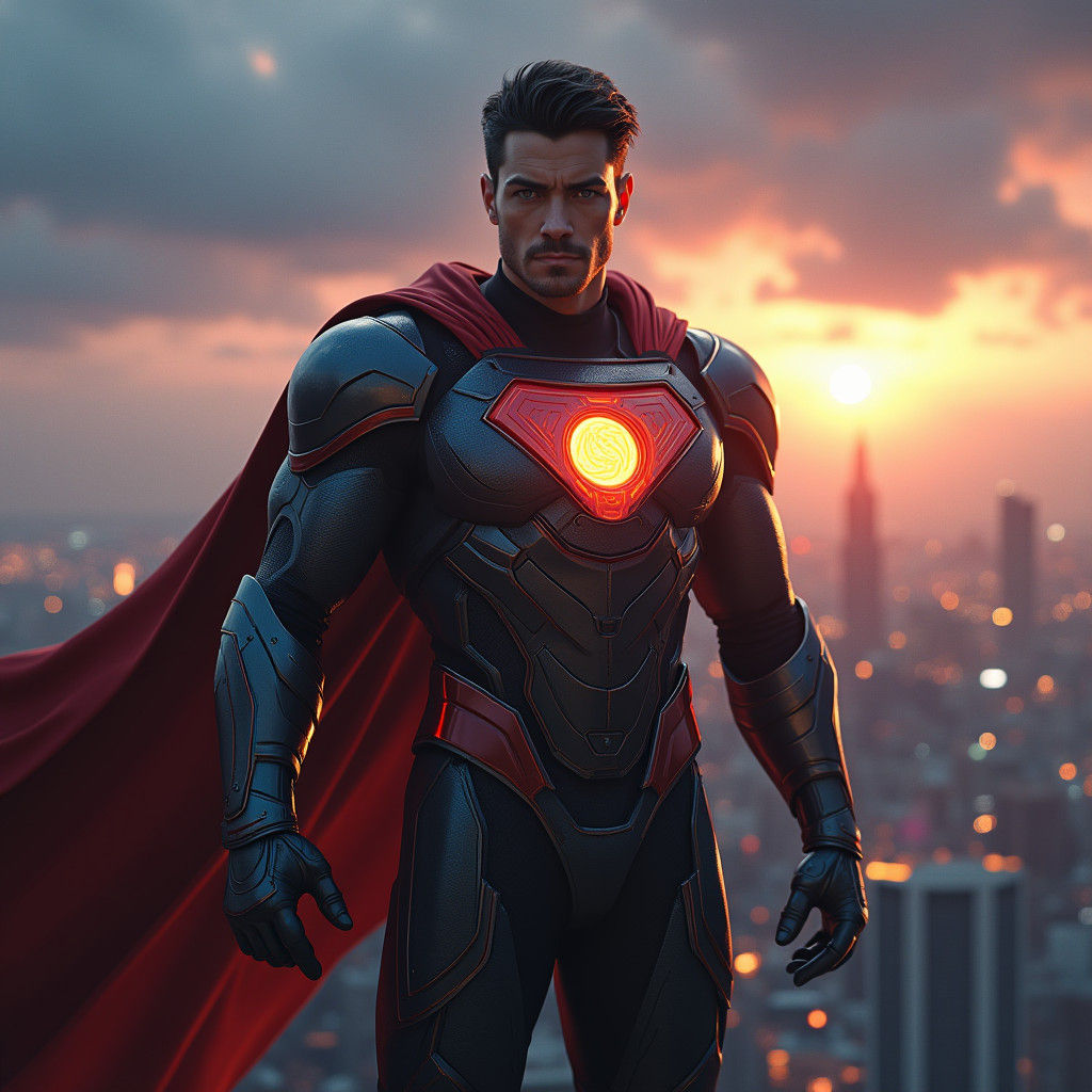 Superhero Portrait on Skyscraper Rooftop at Sunset