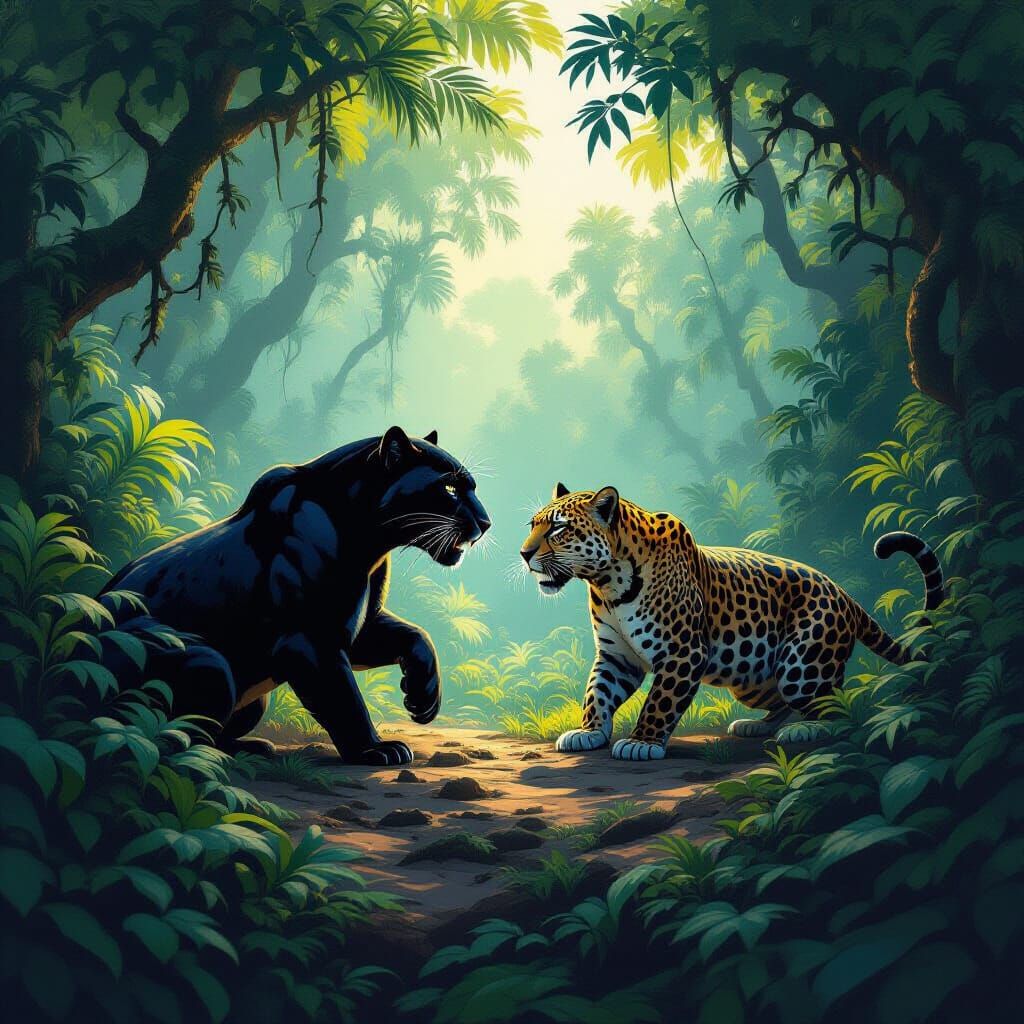 Black Panther vs Leopard in Lush Jungle