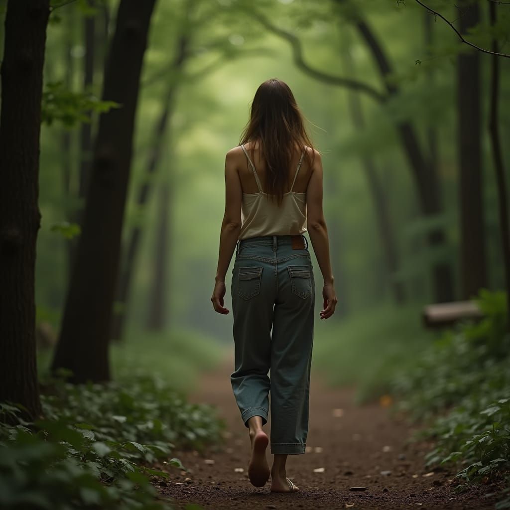 Nude Woman Walks in Forest