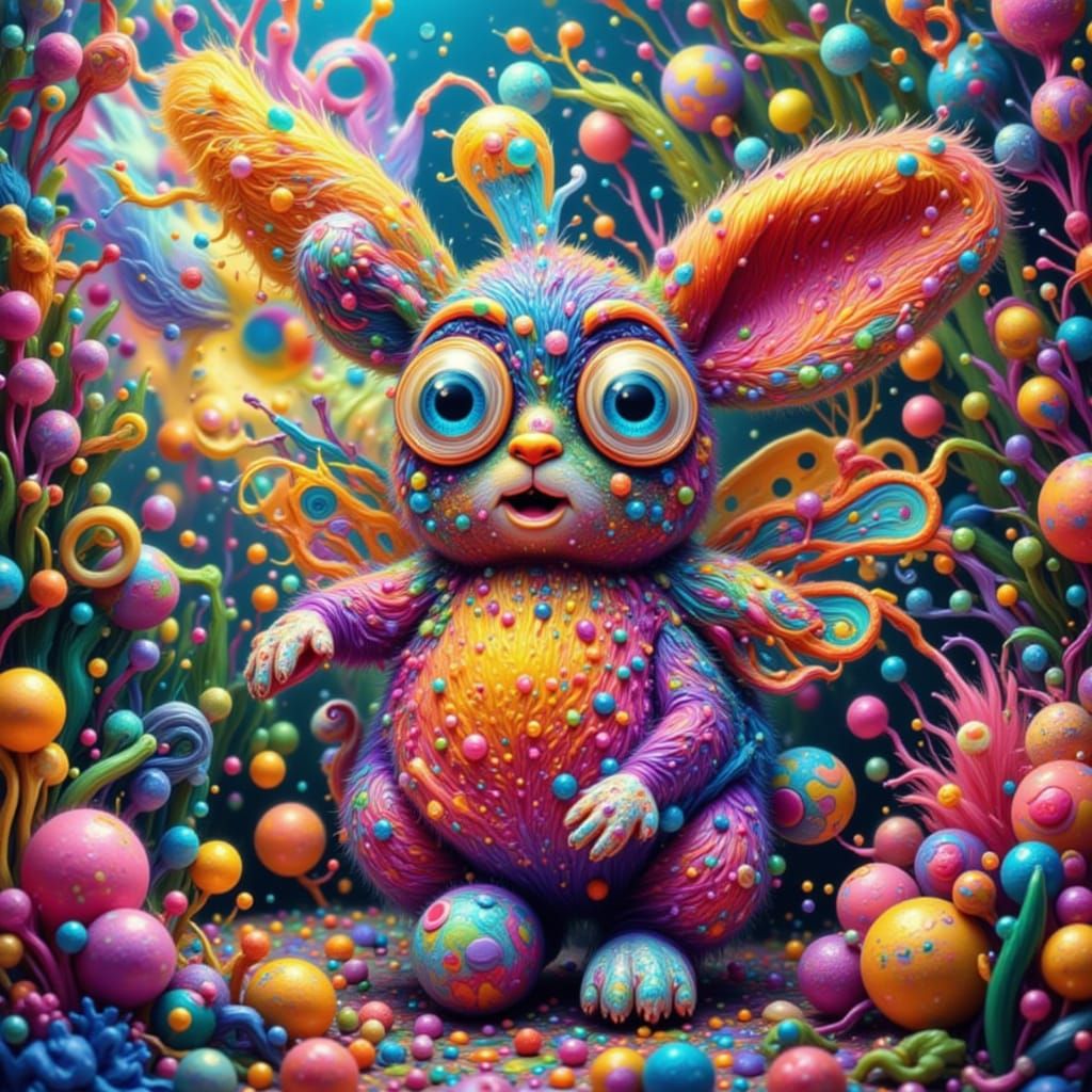 Laughing Rabbit Dances in Macrame Landscape