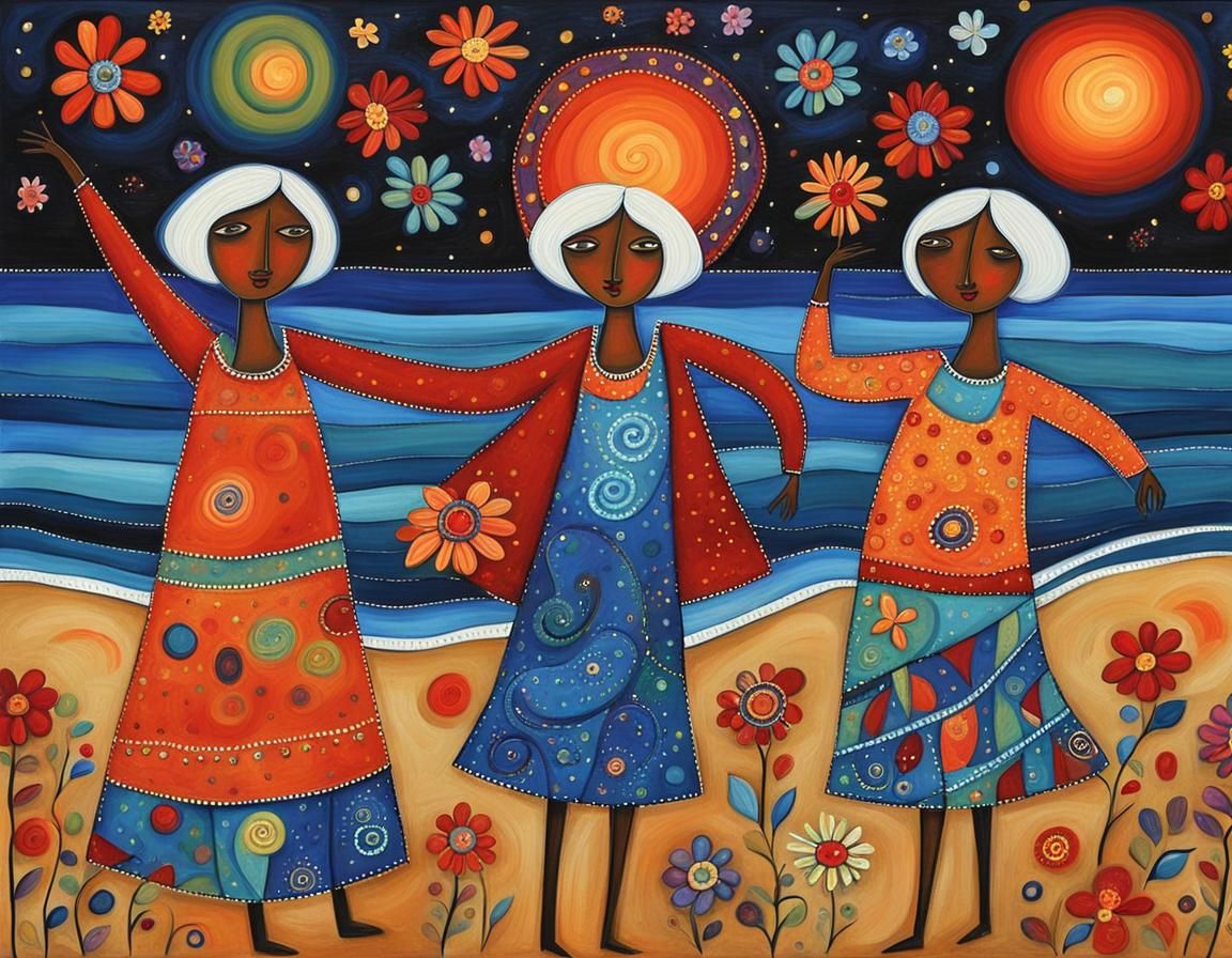 Three caucasian ladies wearing swimsuits, dancing at the bea...