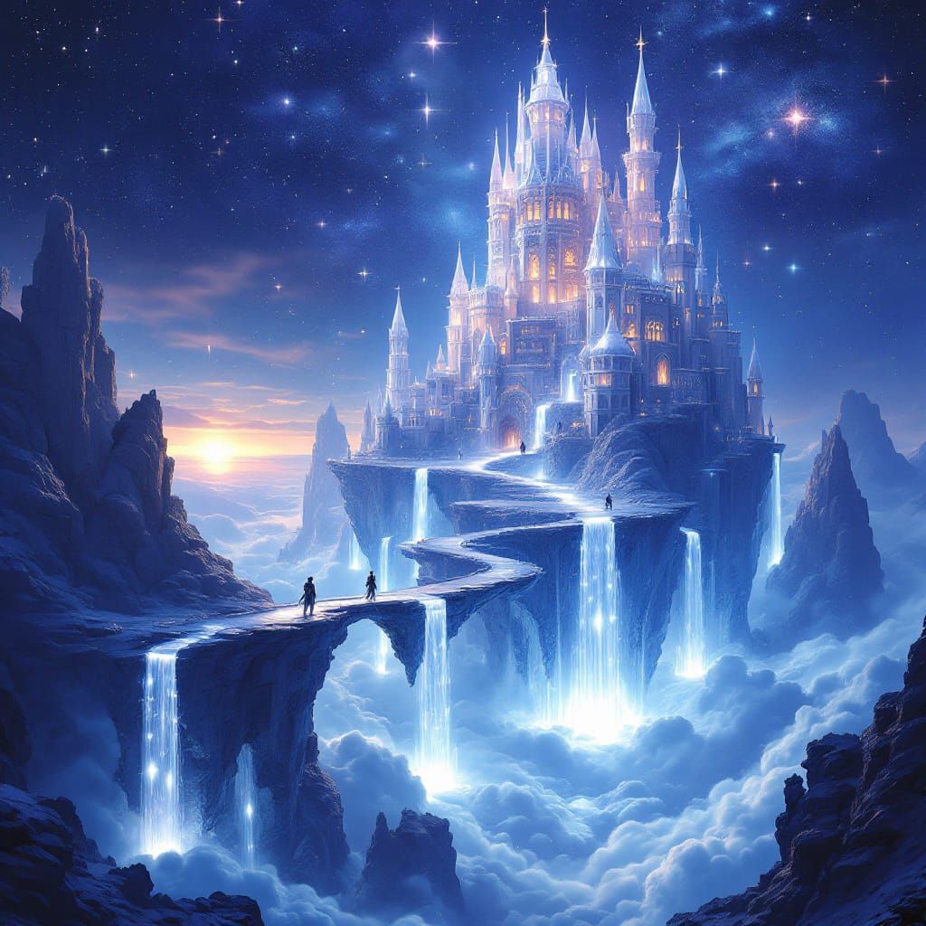 Celestial Moonstone Castle Floating in Cosmic Sky