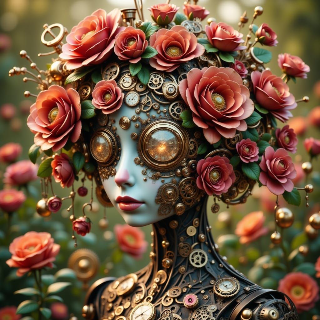 Mechanical Floral Faces in a Lush Garden