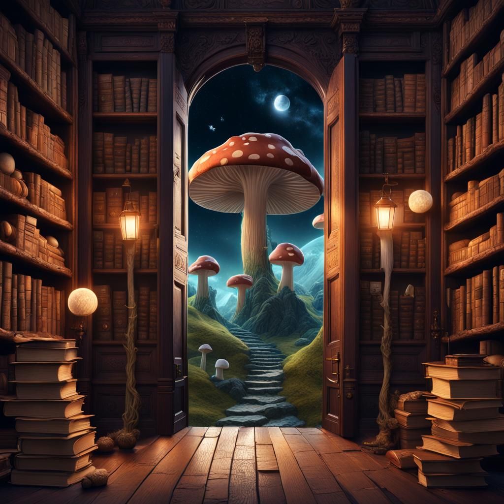 Surreal Library Doorway to Fantasy Landscape