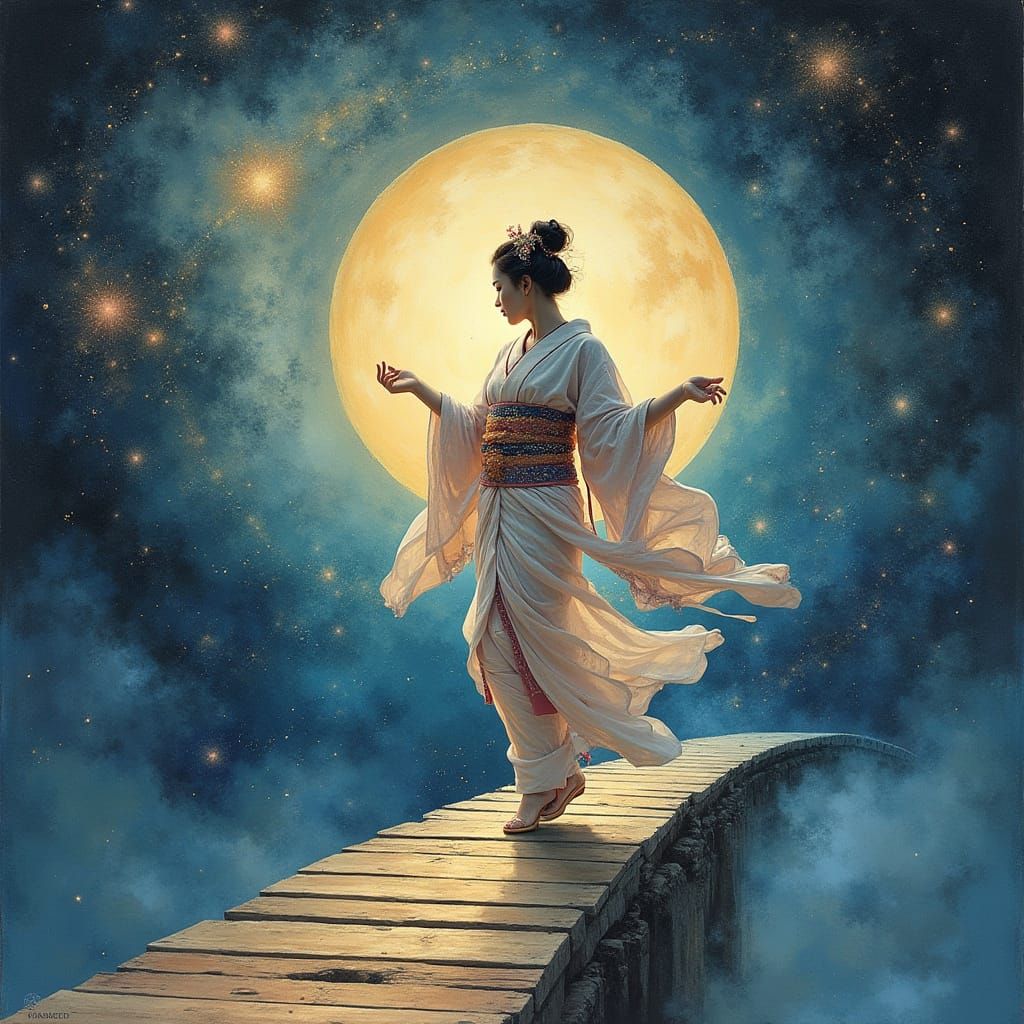 Celestial Geisha Dances on Moonlight Bridge Amidst Cosmic Wo...