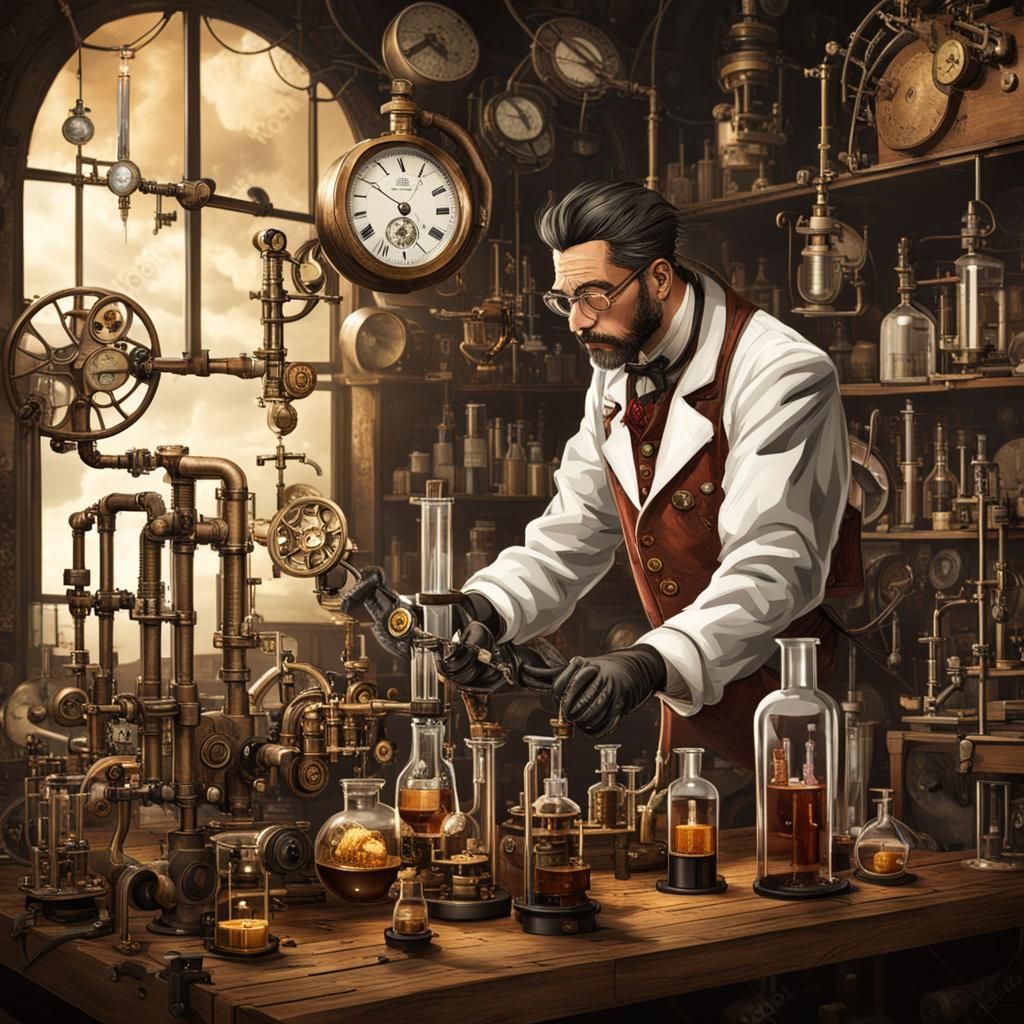 Steampunk Scientist in Laboratory Setting