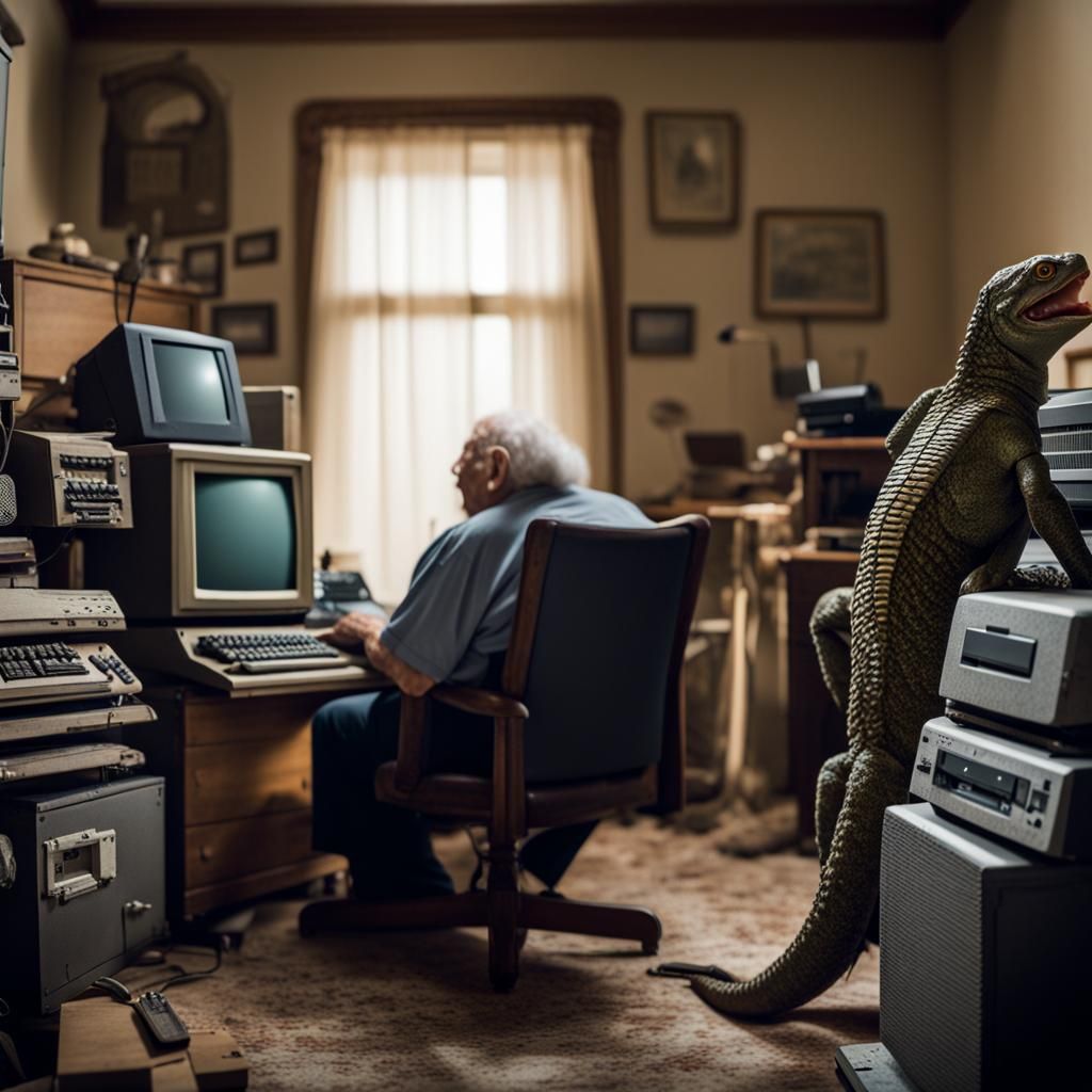 Dusty Computer Room with Lizard Overseer