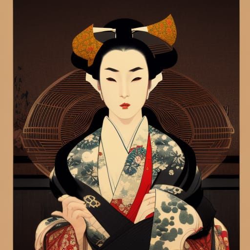 Oiran in Tea House, Ukiyo-e Style