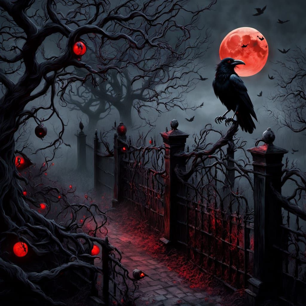 A creepy garden with wrought iron fencing and dark tangled trees. A raven with glowing red eyes, perches on a branch of ...