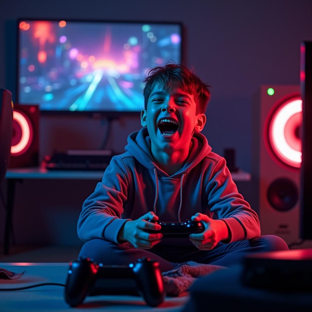 Boy Immersed in Playstation, Neon Digital Art