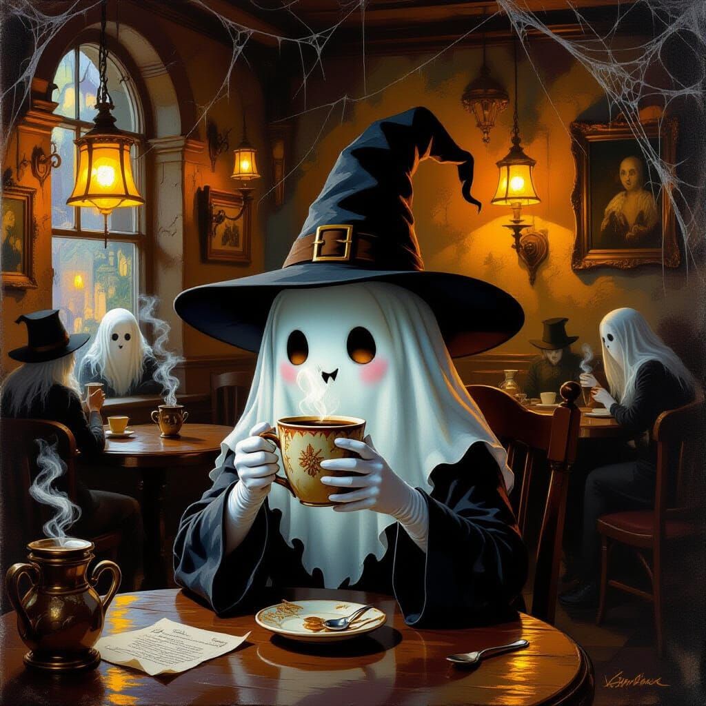 Ethereal Ghost Enjoys Coffee in Haunted Shop Oil Painting