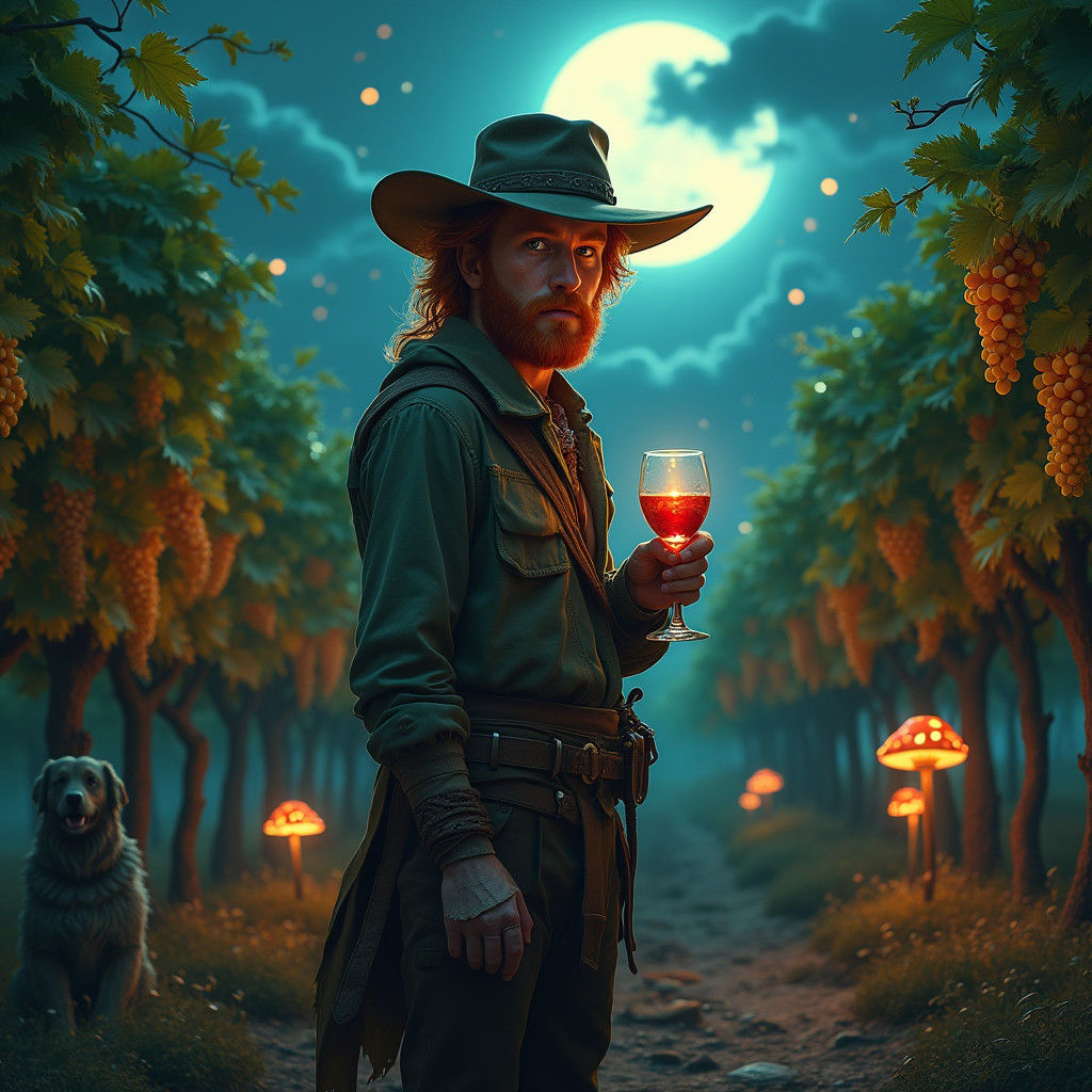 Mystical Vineyard Scene with Ginger Man in Matte Painting