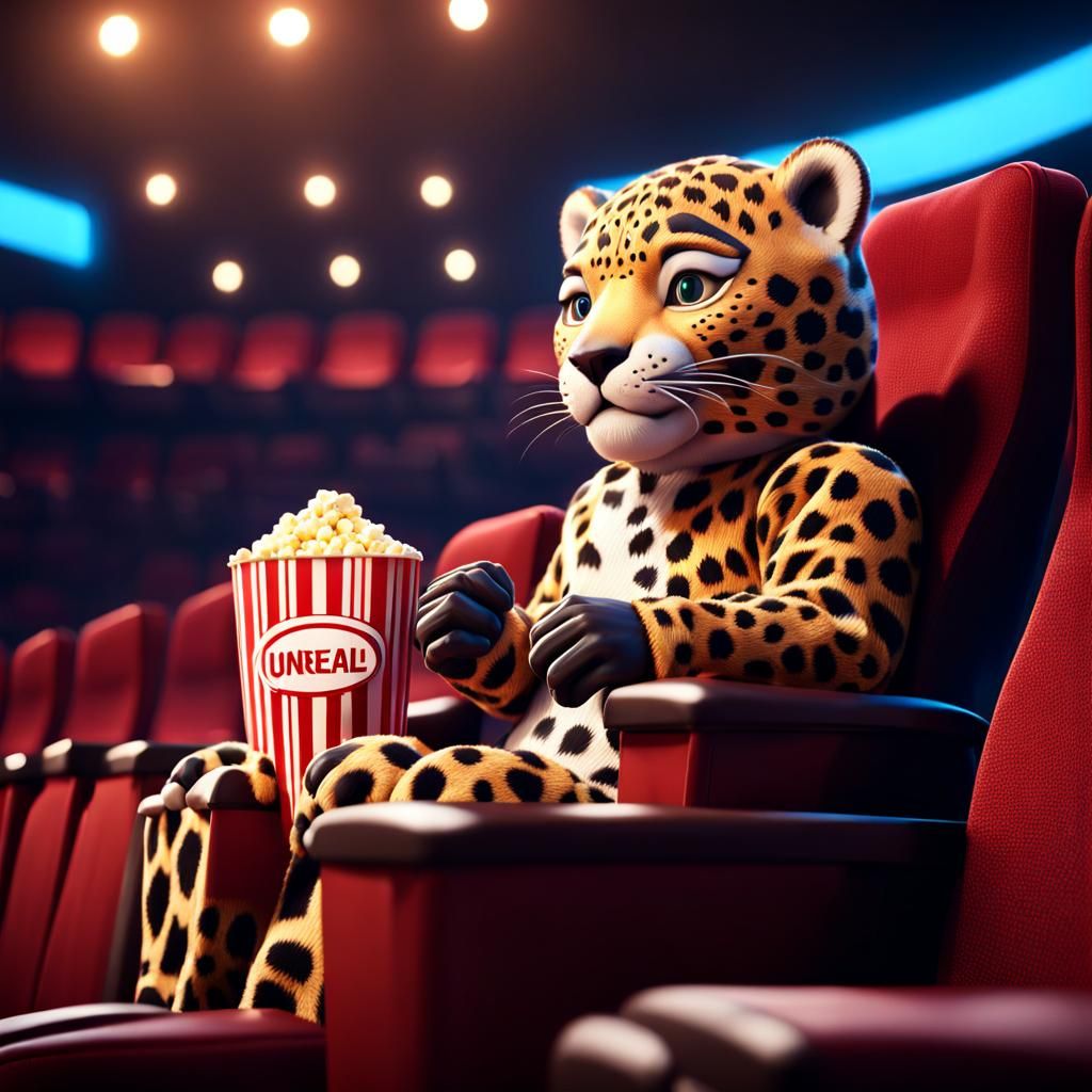 Humanoid Jaguar At the movies eating popcorn